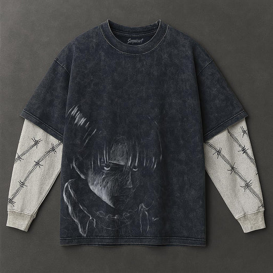 Attack on Titan Premium Breezy Double Sleeves Blue Washed T-Shirt