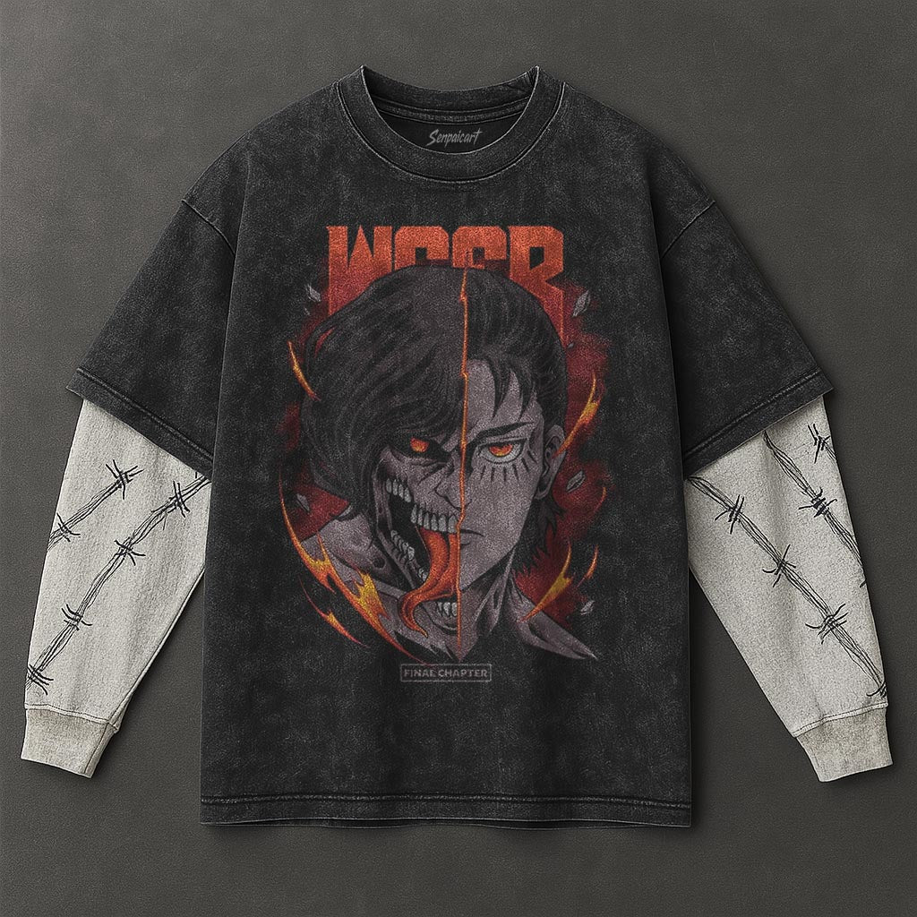 Attack on Titan Premium Airy Black Double Sleeves Washed T-Shirt