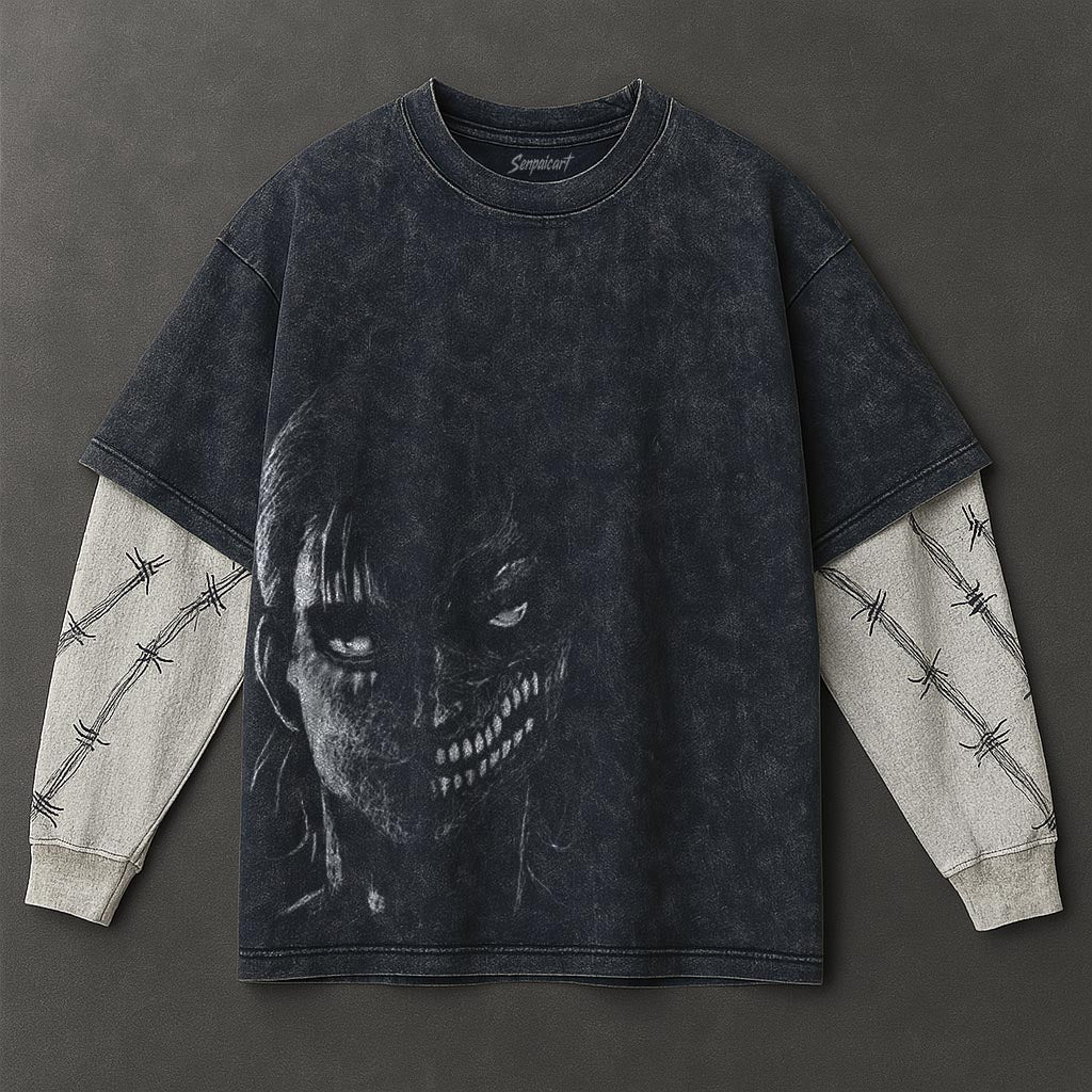 Attack on Titan Premium Casual Double Sleeves Blue Washed T-Shirt