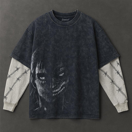 Attack on Titan Premium Casual Double Sleeves Blue Washed T-Shirt