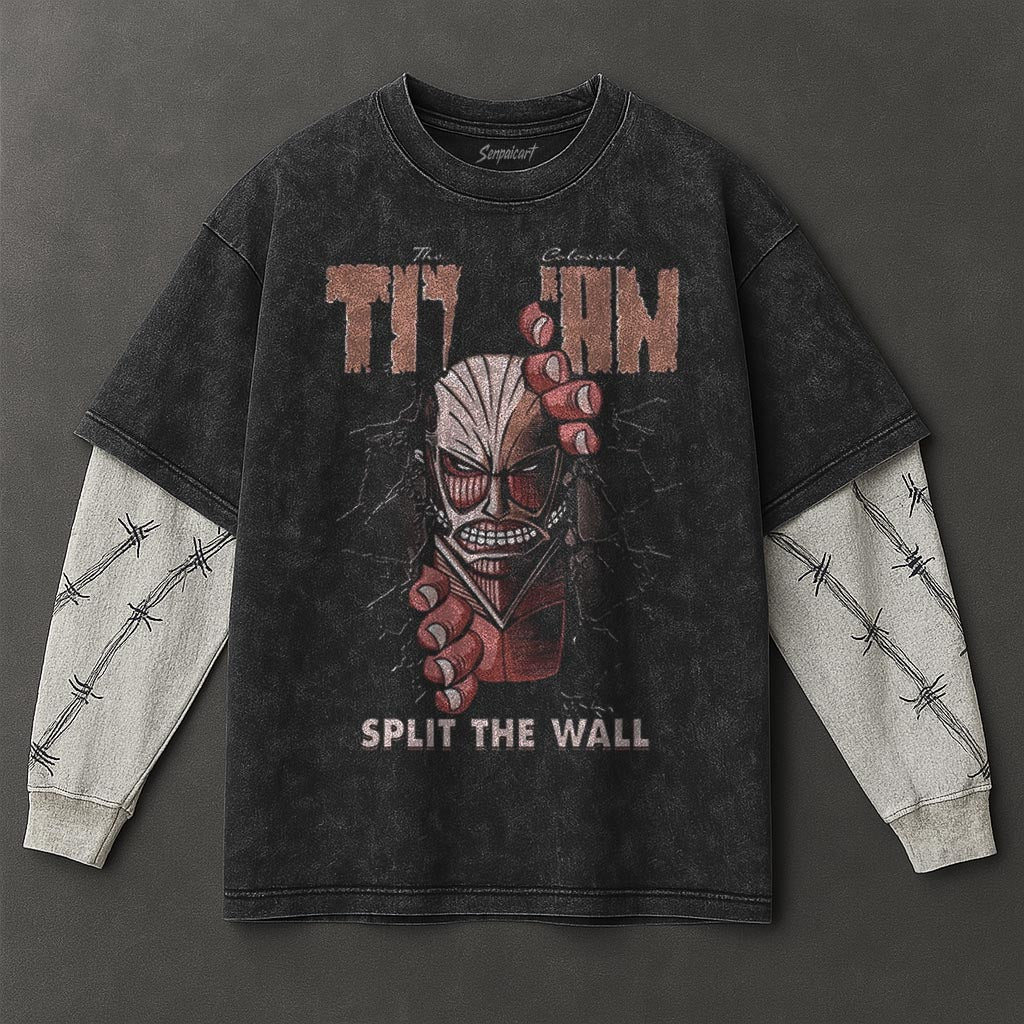 Attack on Titan Premium Soft Black Double Sleeves Washed T-Shirt