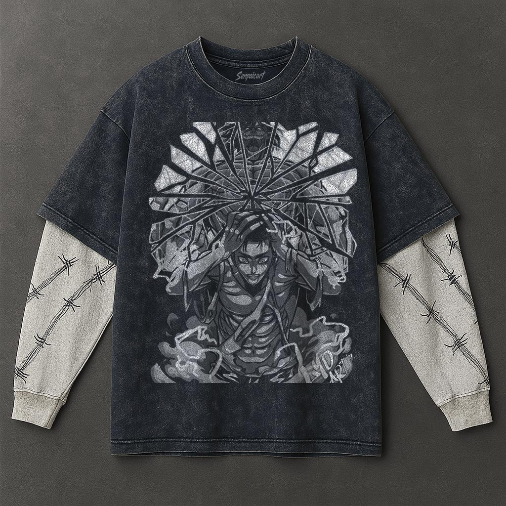 Attack on Titan Premium Cozy Double Sleeves Blue Washed T-Shirt