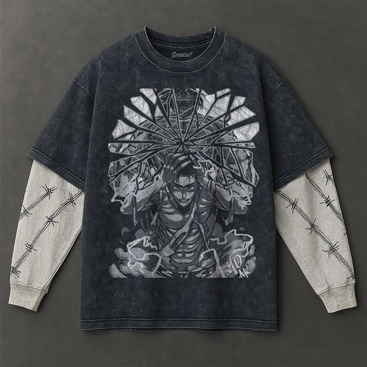 Attack on Titan Premium Cozy Double Sleeves Blue Washed T-Shirt