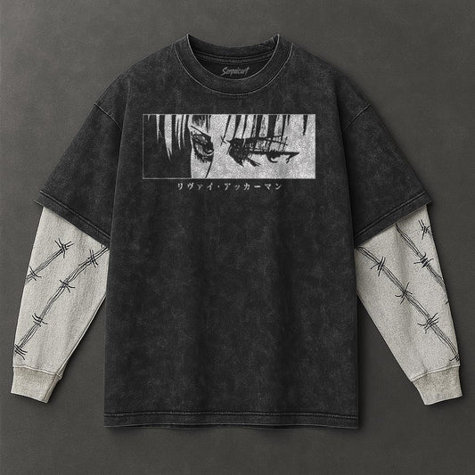 Attack on Titan Premium Drapey Black Double Sleeves Washed T-Shirt