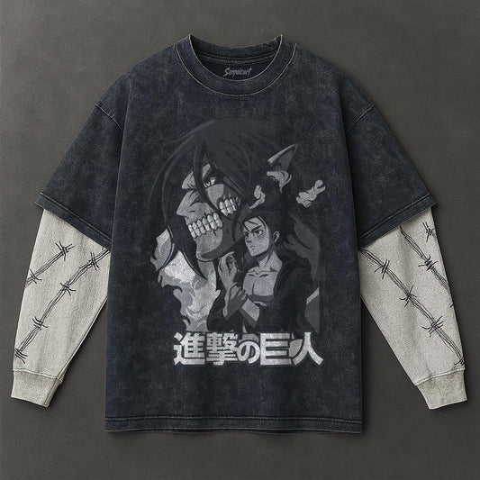 Attack on Titan Premium Lightweight Double Sleeves Blue Washed T-Shirt