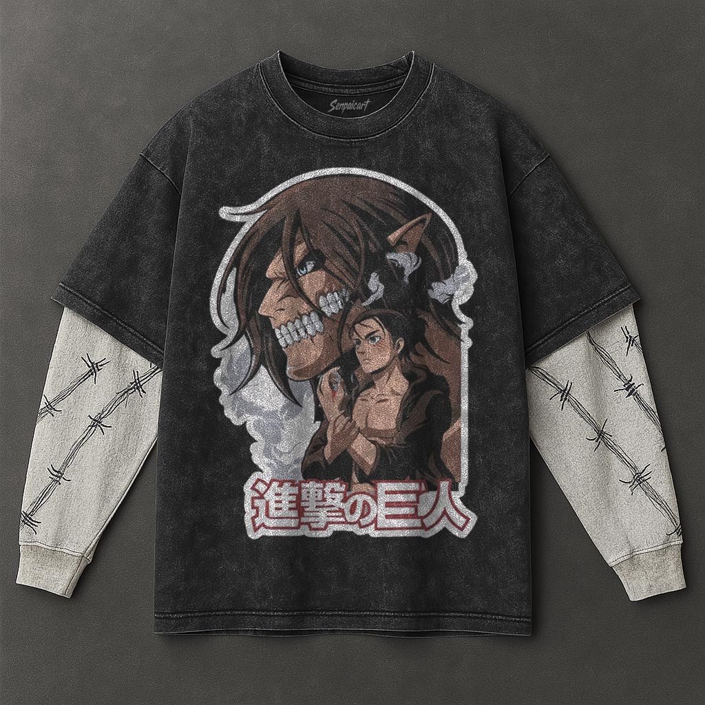 Attack on Titan Premium Cozy Black Double Sleeves Washed T-Shirt