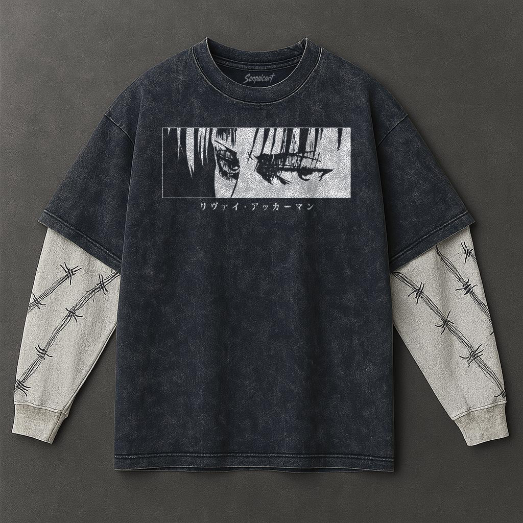 Attack on Titan Premium Drapey Double Sleeves Blue Washed T-Shirt