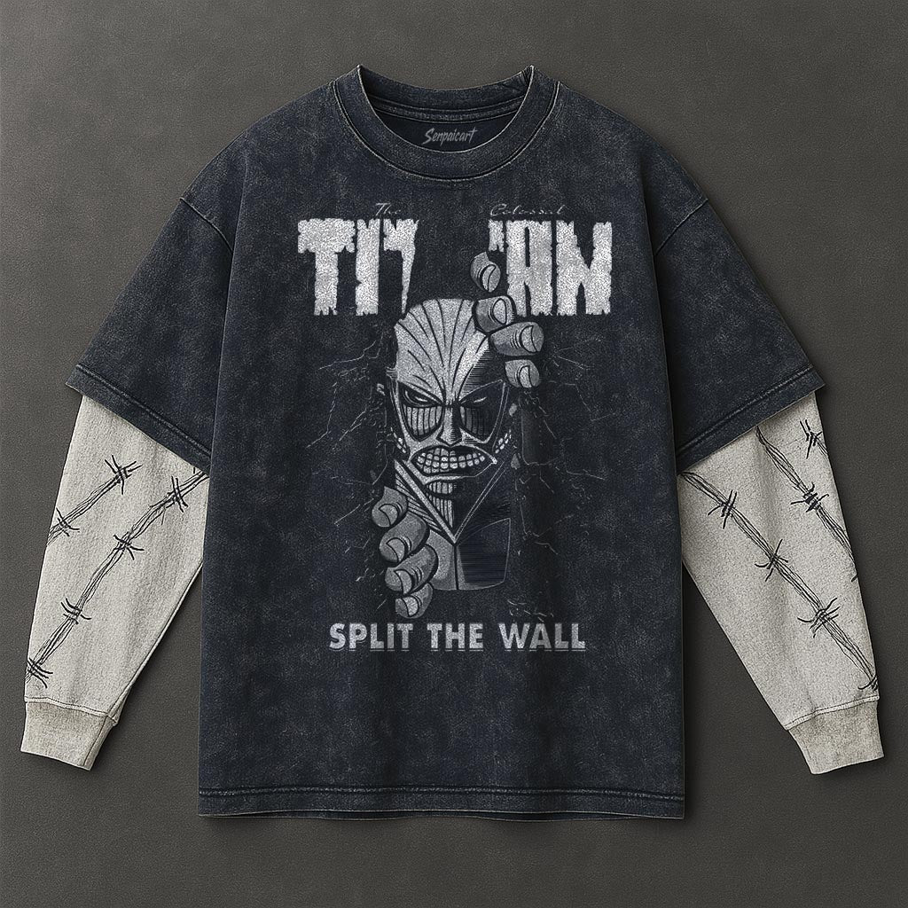 Attack on Titan Premium Airy Double Sleeves Blue Washed T-Shirt