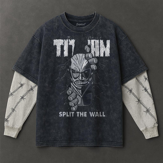 Attack on Titan Premium Airy Double Sleeves Blue Washed T-Shirt
