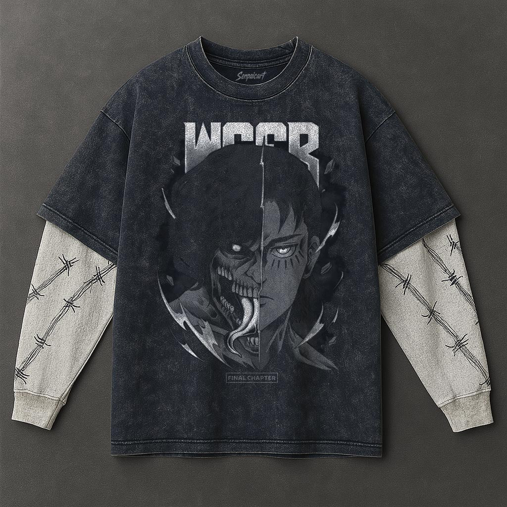 Attack on Titan Premium Soft Double Sleeves Blue Washed T-Shirt