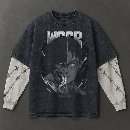 Attack on Titan Premium Soft Double Sleeves Blue Washed T-Shirt