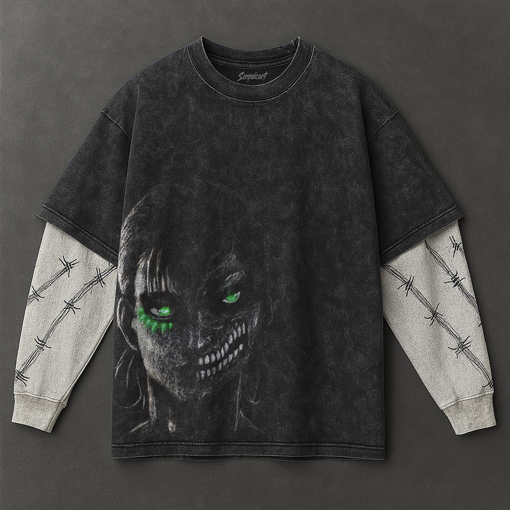 Attack on Titan Premium Effortless Black Double Sleeves Washed T-Shirt