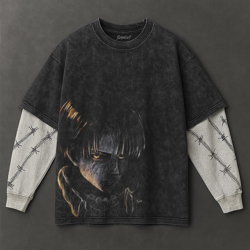 Attack on Titan Premium Lightweight Black Double Sleeves Washed T-Shirt