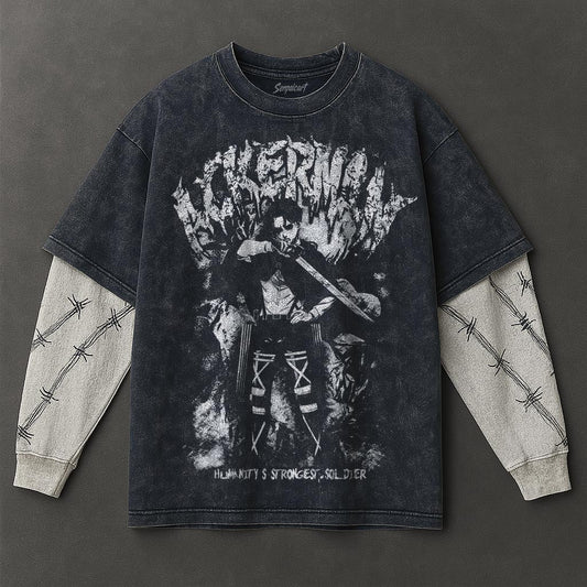 Attack on Titan Premium Flowy Double Sleeves Blue Washed T-Shirt