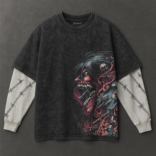 Attack on Titan Premium Roomy Black Double Sleeves Washed T-Shirt