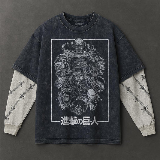 Attack on Titan Premium Oversized Double Sleeves Blue Washed T-Shirt