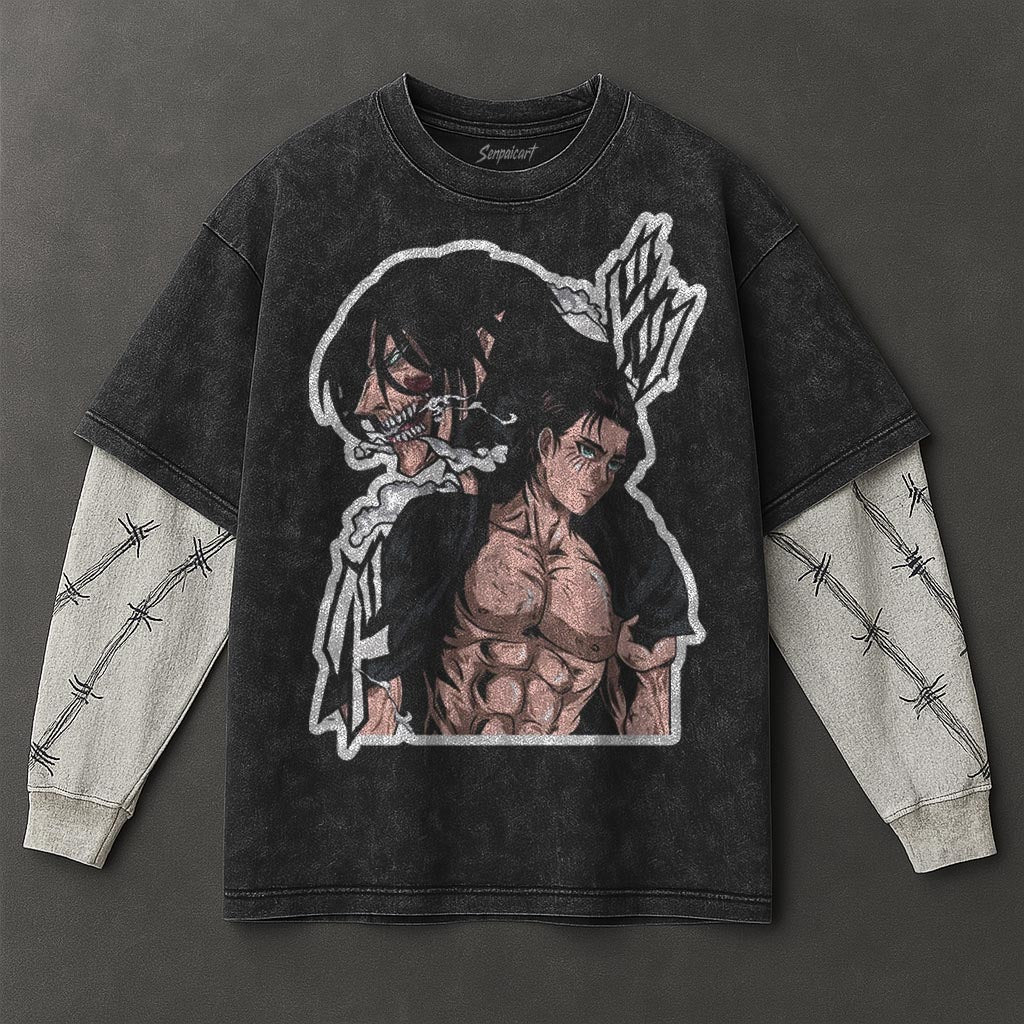 Attack on Titan Premium Slouchy Black Double Sleeves Washed T-Shirt