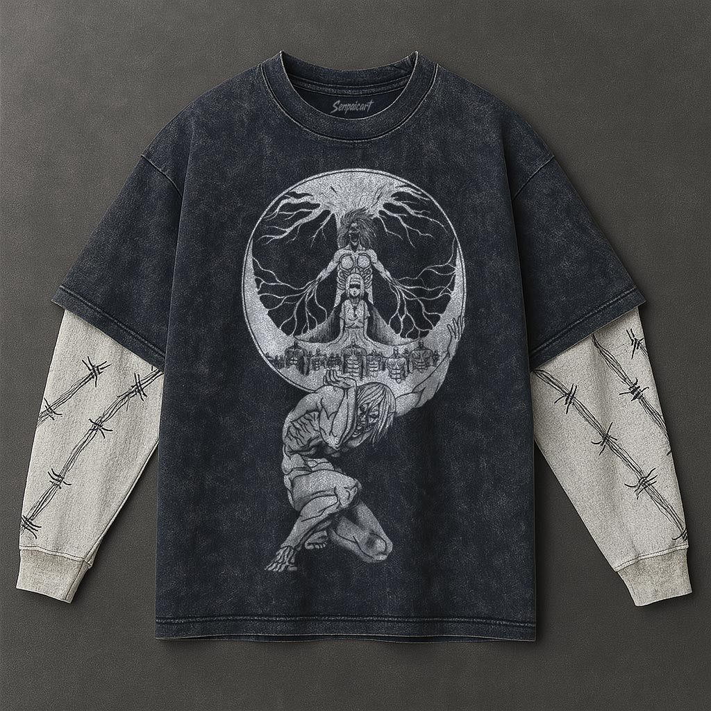 Attack on Titan Premium Effortless Double Sleeves Blue Washed T-Shirt
