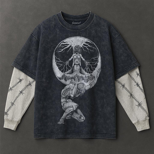 Attack on Titan Premium Effortless Double Sleeves Blue Washed T-Shirt