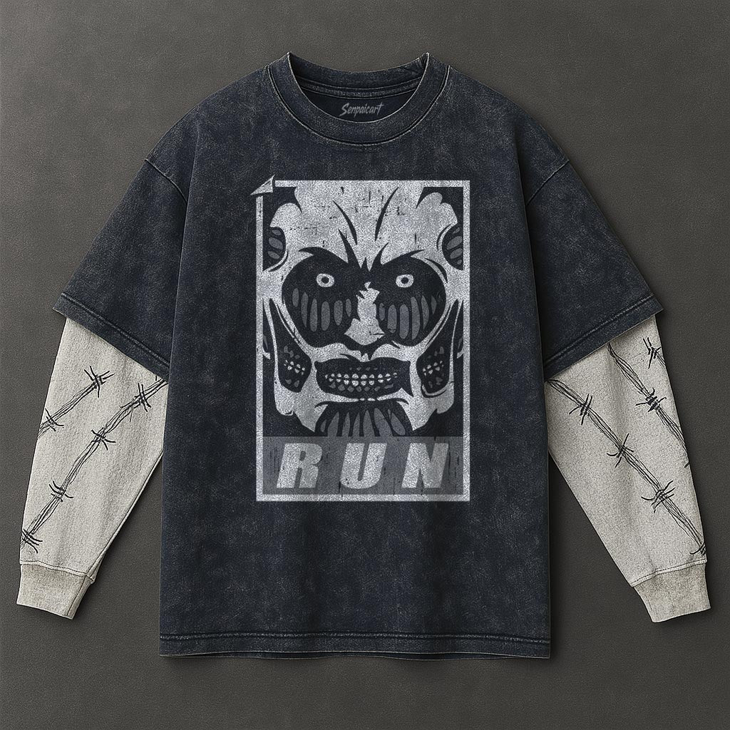 Attack on Titan Premium Loose Double Sleeves Blue Washed T-Shirt