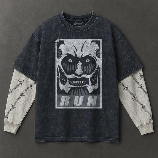 Attack on Titan Premium Loose Double Sleeves Blue Washed T-Shirt