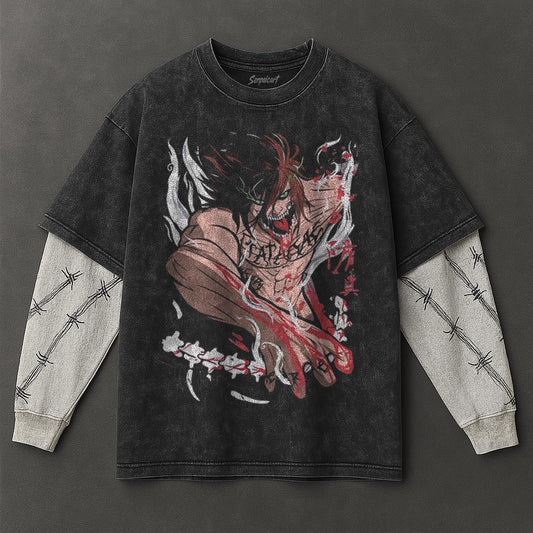 Attack on Titan Premium Relaxed Black Double Sleeves Washed T-Shirt
