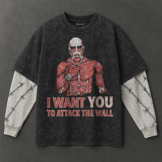 Attack on Titan Premium Oversized Black Double Sleeves Washed T-Shirt