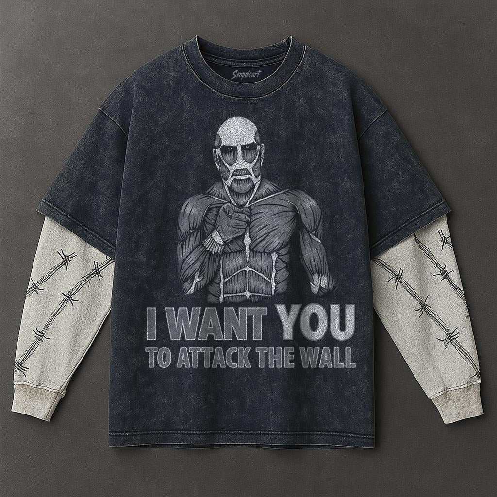Attack on Titan Premium Relaxed Double Sleeves Blue Washed T-Shirt
