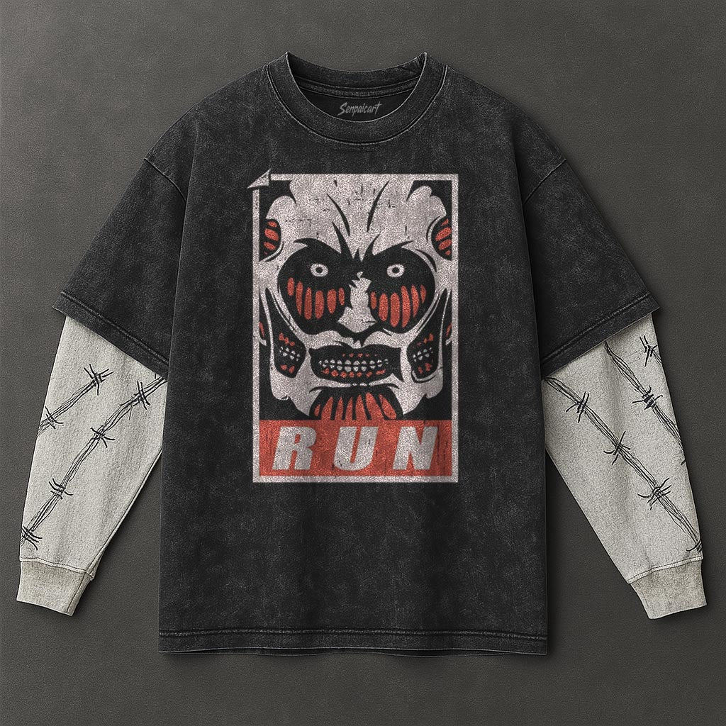 Attack on Titan Premium Casual Black Double Sleeves Washed T-Shirt