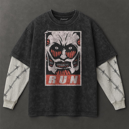 Attack on Titan Premium Casual Black Double Sleeves Washed T-Shirt