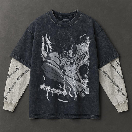 Attack on Titan Premium Comfy Double Sleeves Blue Washed T-Shirt