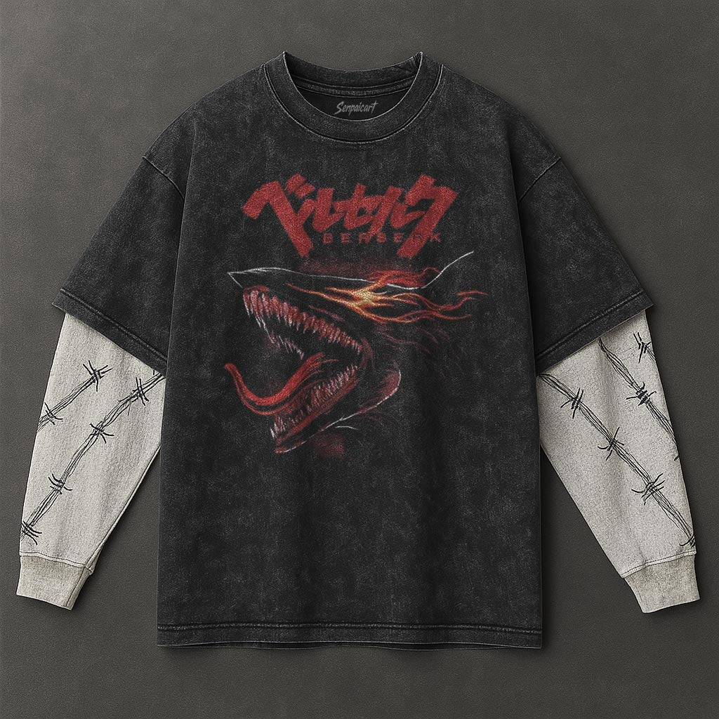Berserk Premium Lightweight Black Double Sleeves Washed T-Shirt