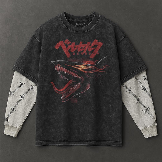 Berserk Premium Lightweight Black Double Sleeves Washed T-Shirt