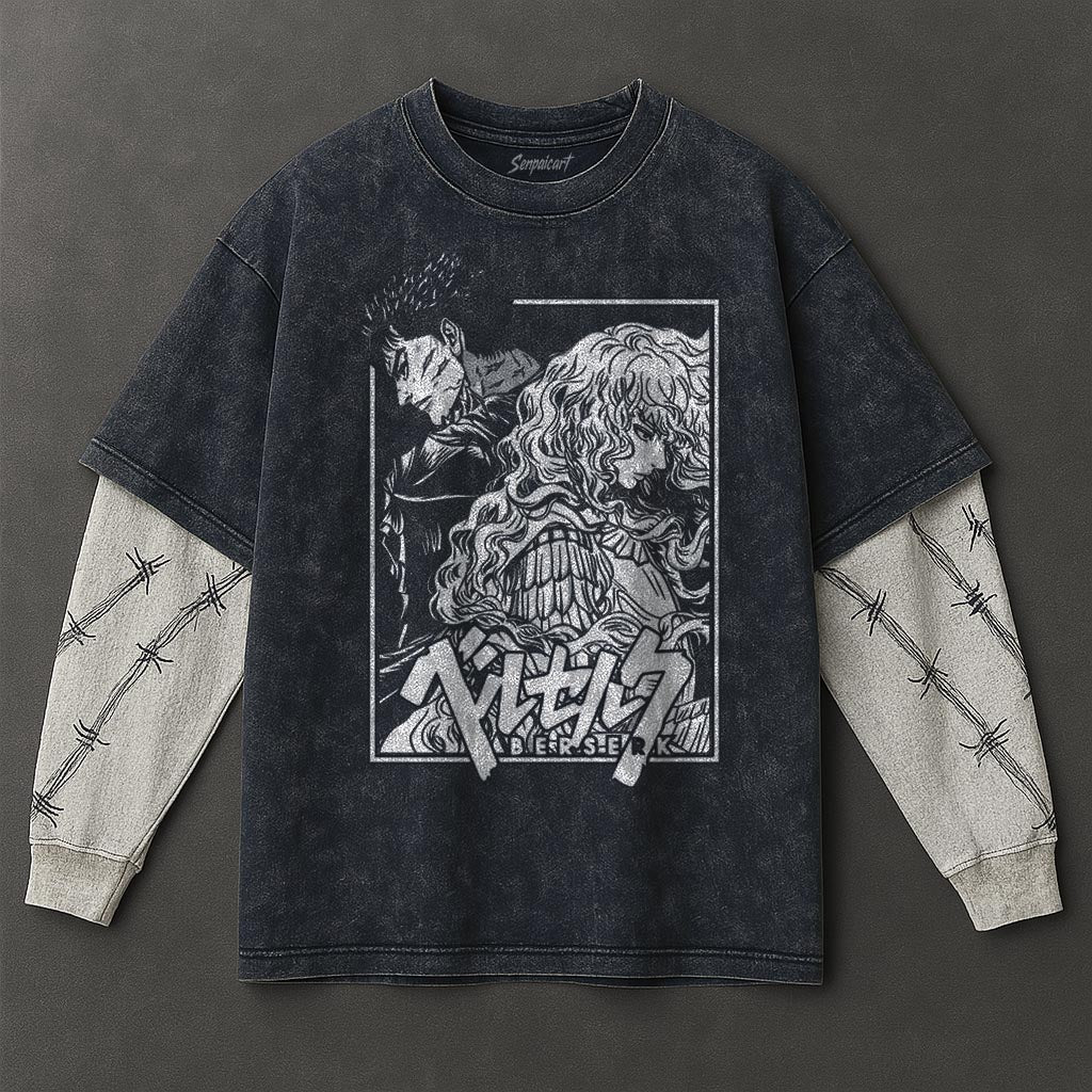 Berserk Premium Loose Double Sleeves Blue Washed T-Shirt