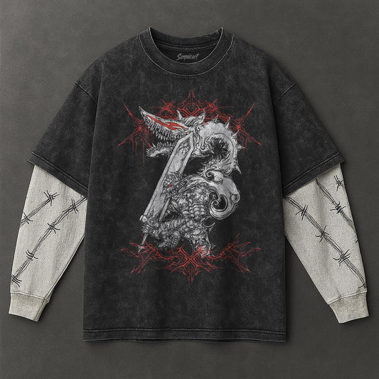 Berserk Premium Drapey Black Double Sleeves Washed T-Shirt