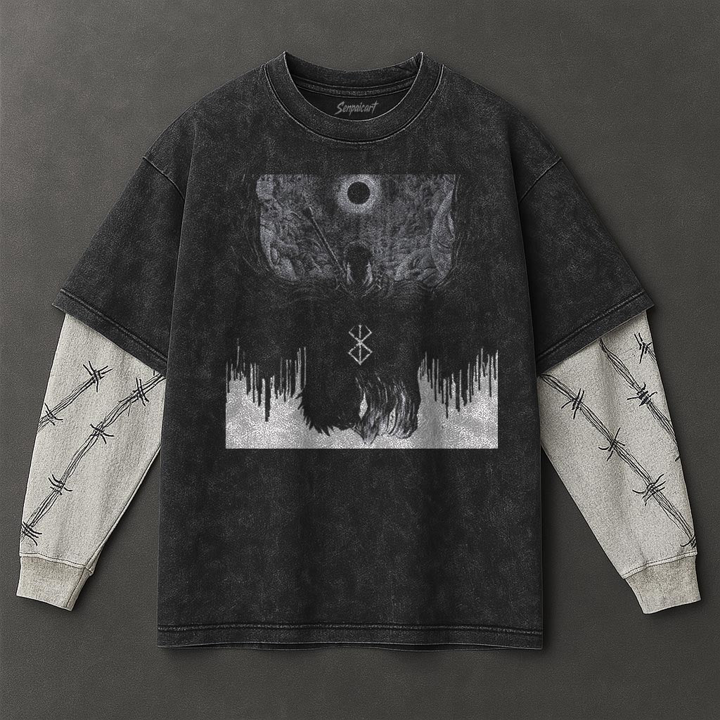 Berserk Premium Slouchy Black Double Sleeves Washed T-Shirt