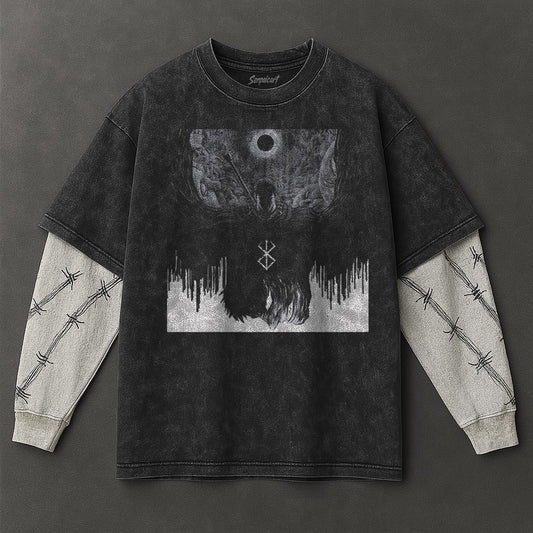 Berserk Premium Slouchy Black Double Sleeves Washed T-Shirt