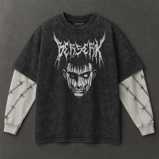 Berserk Premium Airy Black Double Sleeves Washed T-Shirt