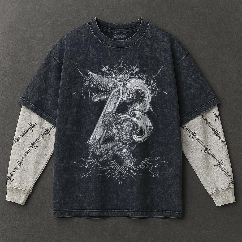 Berserk Premium Slouchy Double Sleeves Blue Washed T-Shirt