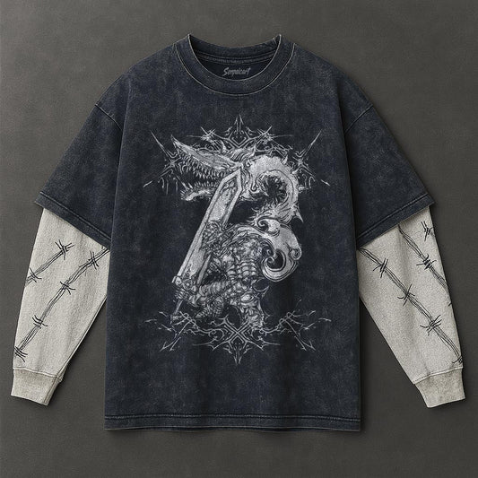 Berserk Premium Slouchy Double Sleeves Blue Washed T-Shirt