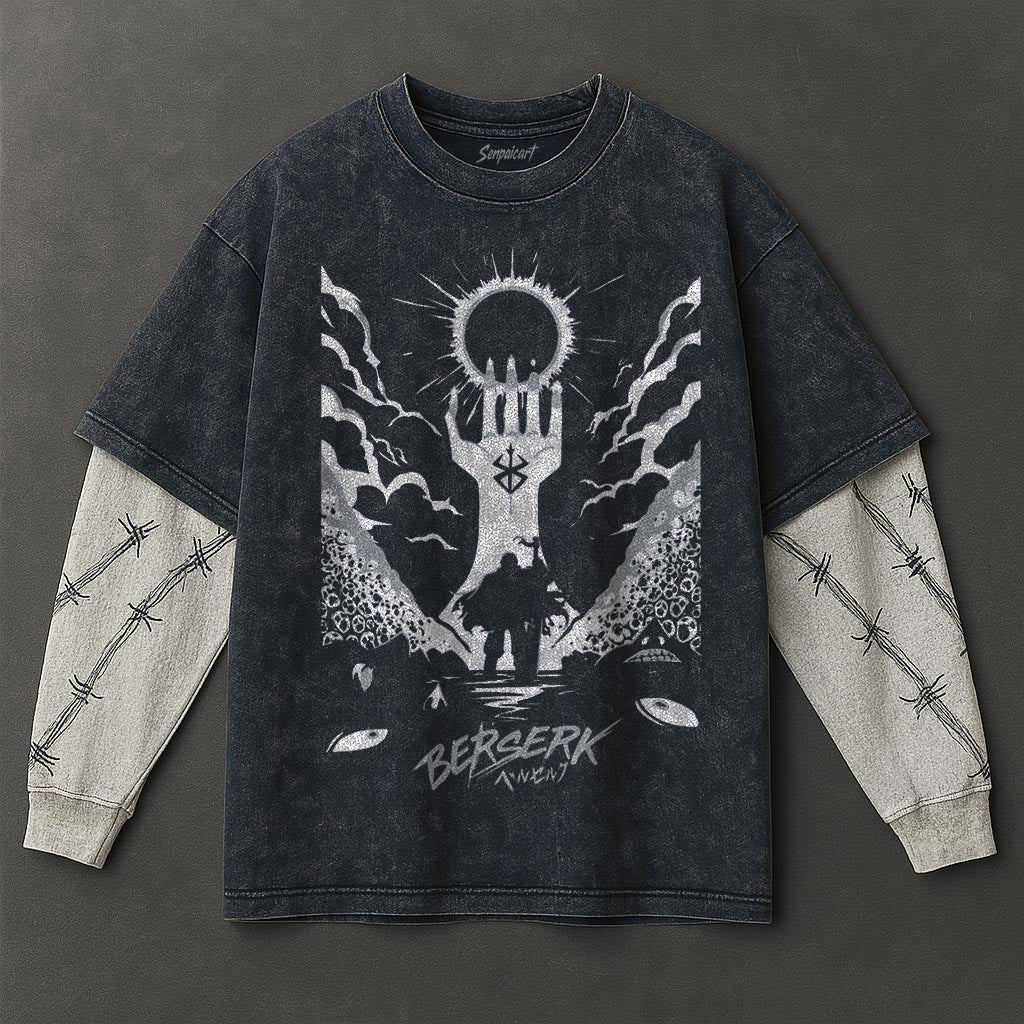 Berserk Premium Flowy Double Sleeves Blue Washed T-Shirt