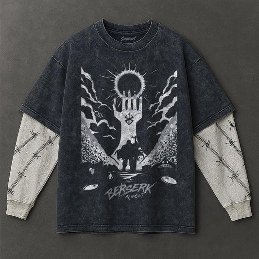 Berserk Premium Flowy Double Sleeves Blue Washed T-Shirt