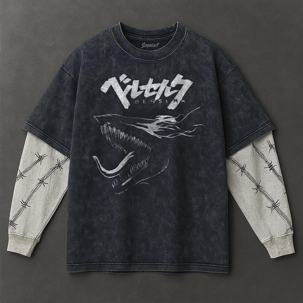 Berserk Premium Effortless Double Sleeves Blue Washed T-Shirt