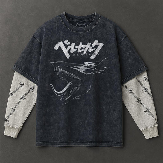 Berserk Premium Effortless Double Sleeves Blue Washed T-Shirt