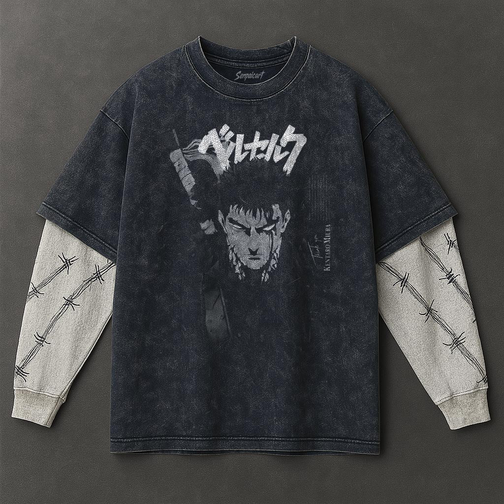 Berserk Premium Lightweight Double Sleeves Blue Washed T-Shirt