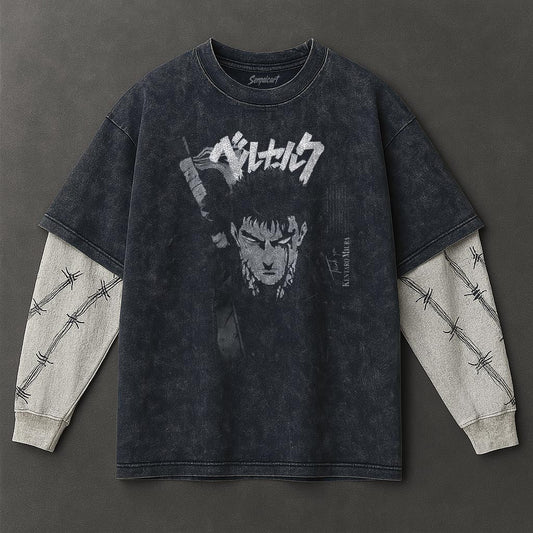 Berserk Premium Lightweight Double Sleeves Blue Washed T-Shirt