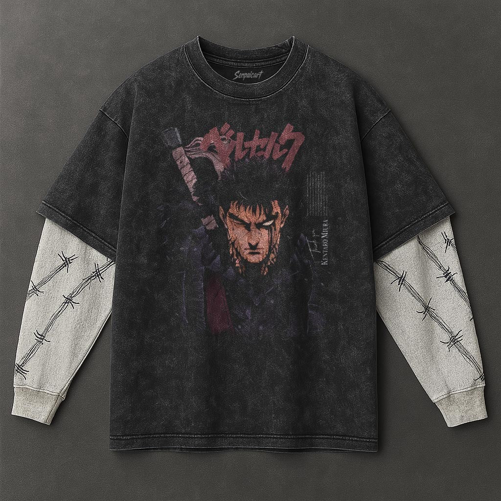 Berserk Premium Loose Black Double Sleeves Washed T-Shirt