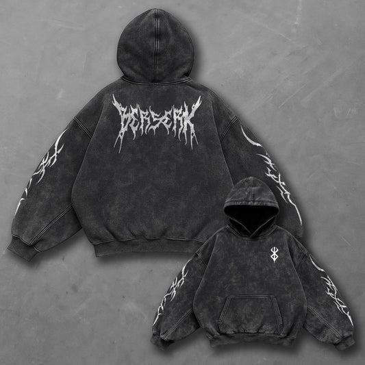 Berserk Oversized Minimal Black Washed Hoodie