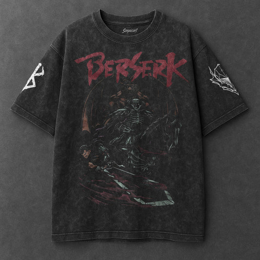 Black t-shirt with 'Berserk' graphic design on a gray background