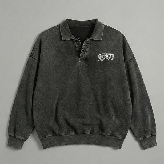 Demon Slayer Text Logo Collared Washed Sweatshirt